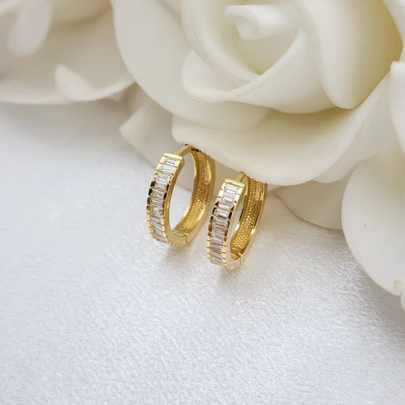 Solid 14k Gold Baguette CZ Huggies Earrings- 16mm